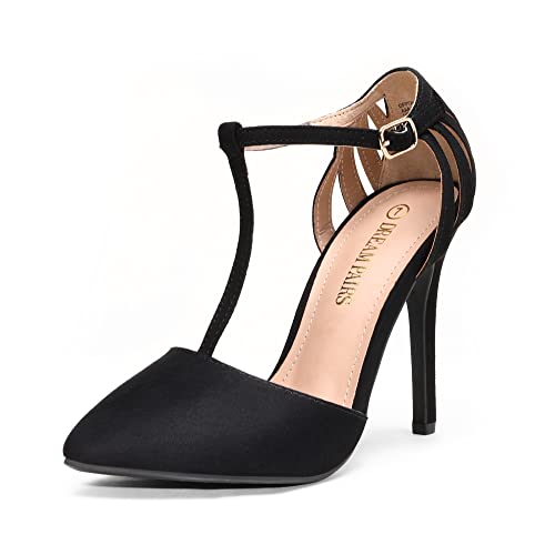 DREAM PAIRS Women's Stiletto High Heels T-Strap Pointed Toe Dress Court Shoes Oppointed-Mary Black Nubuck Size 7.5 US/ 5.5 UK