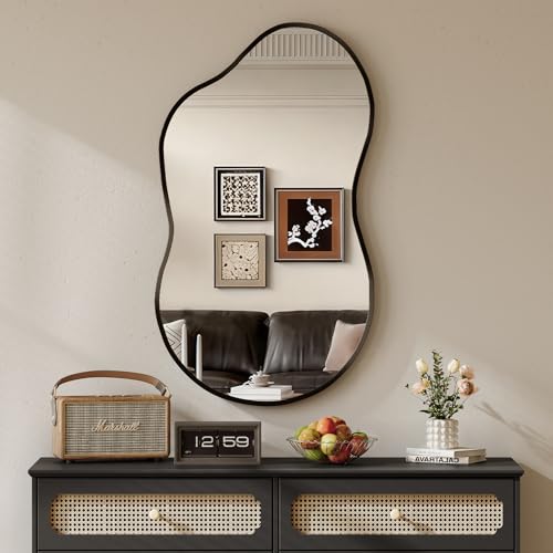 MAMIZO Asymmetrischer Spiegel, 50x91cm, unregelmäßig geformter Wandspiegel, Gehärtetes Glas, Aluminiumrahmen, Dekorative Spiegel, Einzigartige Schminkspiegel, Badezimmerspiegel, Schwarz