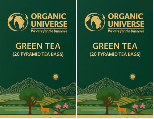 Image of ORGANIC UNIVERSE Organic Green Tea Whole Leaf Tea | 20 Pyramid Tea Bags | Aromatic Flavours | 100% Organic Ingredients (Pack of 2)