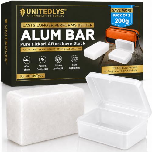 Image of UNITEDLYS Pack of 2 Premium Alum Bar 200G with Travel Case | Natural After Shave Lotion Alternative | Fitkari Stone for Skin Tightening & Water Purification | Crystal White Alum Stone Bar for Underarms & Shaving | Gentle & Effective Phitkari