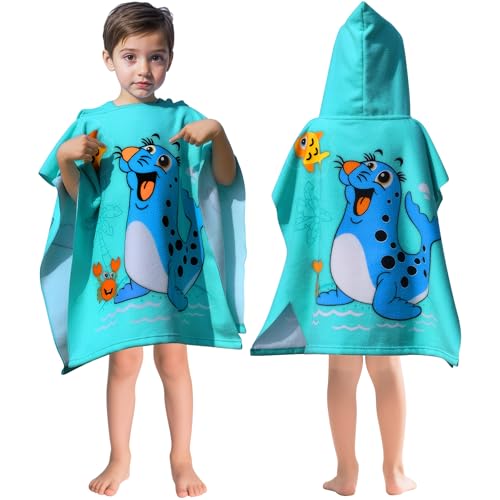 Domueay Poncho Toalla de Baño Niños León Marino Microfibra Toalla de Playa con Capucha, para Piscina Toalla Poncho, Suaves y Absorbente Albornoz para Infantiles 2-6 años, 60x60cm