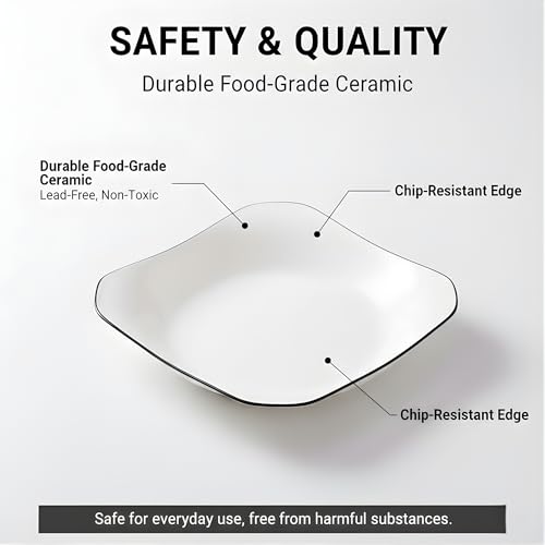 Image of 8.5 Inch Modern White Ceramic Square Serving Plate, Elegant Porcelain Dessert & Salad Plate with Minimalist Black Rim, Stackable Nordic Style Dishware for Appetizer, Fruit, and Sushi (Set of 4)
