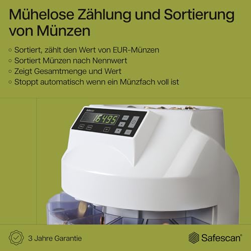 Safescan 1250 EUR Münzzähler, der gemischte EUR-Münzen schnell zählt und sortiert - Münzsortierer, sortiert Münzen nach Stückelung - Geldzählmaschine für das Zählen von Münzen