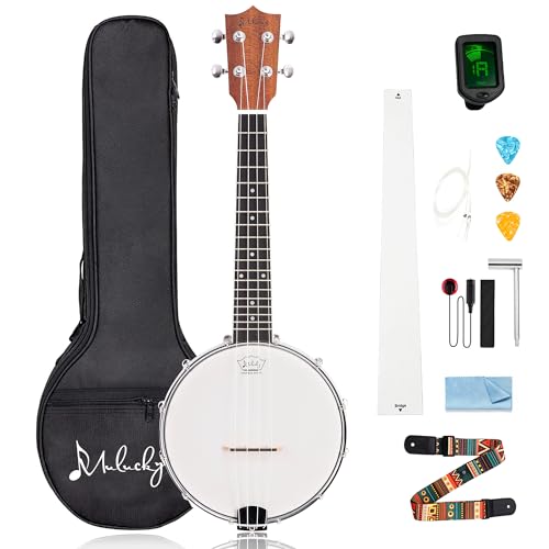 Mulucky 4-String Banjo Ukulele | 23″ Sapele Wood with Remo Head & Nylon Strings | Dark Brown Travel Kit (Bag, Tuner, Picks) – BU806