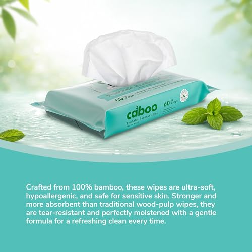 Image of Caboo Mint Flushable Wipes, Certified Flushable, Septic Safe, Chemical Free, Biodegradable Wipes for Adults made with Renewable Bamboo Based Viscose (Pack of 3, Total of 180)