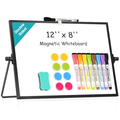 Image of Dry Erase Small White Board, 12 inch x 8 inch Mini Desktop Whiteboard with Stand