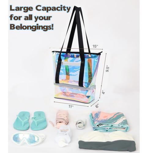 Iridescent Clear Beach Bag for Women, Large Pool Tote with Shoe Compartment, Shower Bag, Travel, Swimming, Waterproof3