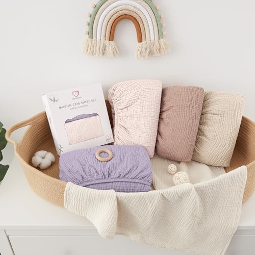 Image of Bearmoss Muslin Mini Crib Sheets for Pack N Play Mattress - 100% Cotton - 38 inchx26 inch Soft Breathable Playard Baby Crib Sheets Neutral for Boys Girls - 2 Pack (Pink Purple)