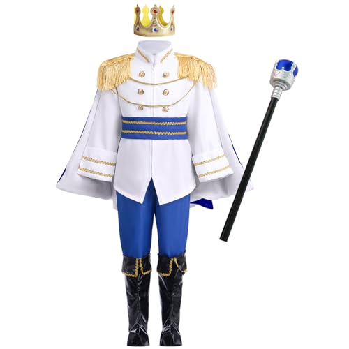 IMEKIS Traje de rei real de Halloween para crianças disfarce de príncipe encantador casacos com calças e acessórios de coroa conjunto de contos infáticos fato de carnaval, Branco + azul (7 peças), 7-8