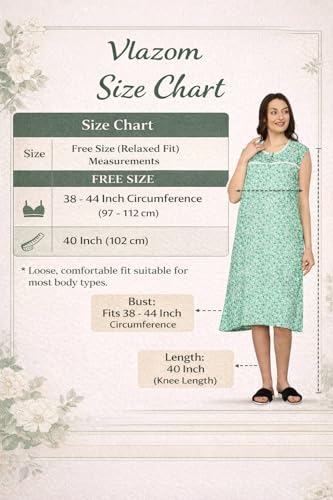 Image of Vlazom Women's Cotton Short Nighty - Free Size Floral Sleeveless Nightdress with Round Neck, Soft Breathable Knee-Length Sleepwear for Ladies