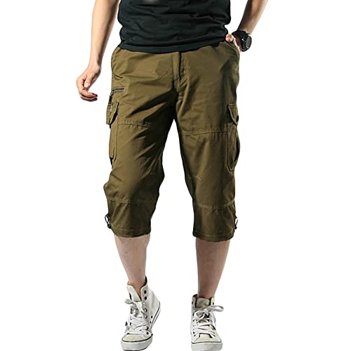 Men's 3/4 Long Cargo Shorts Loose Fit Below Knee Tactical Capri Short Relaxed Fit Short Pants with Multi Pockets (Yellow,3X-Large)