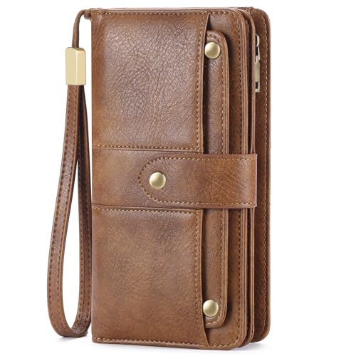 Large Capacity Genuine Leather Wallet for Women RFID Blocking Bifold with Zipper Coin Pocket (Brown)