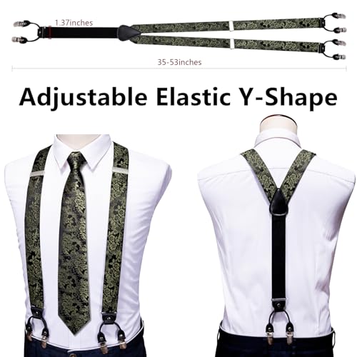 Image of Barry.Wang Men Suspender Set with Necktie Elastic Y Type Heavy Duty 6 Clips Braces Tie Handkerchief Cufflink Pin 6PCS