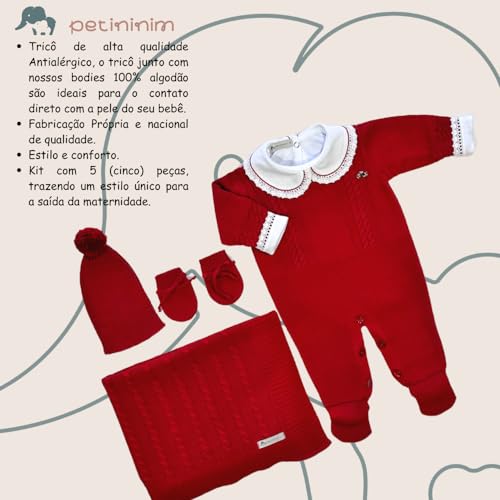 Kit Saída De Maternidade 5 Peças com Body Algodão + Macacão Tricô + Manta Tricô + Touca Tricô + Luva