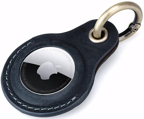 Genuine Leather AirTag Holder Keychain Compatible with Apple AirTag Keyring, Anti Lost Secure Key Ring Case for Keys Pet Collar Luggage Bag Travel, Scratch Resistant Protective Air Tag Key Chain, Blue
