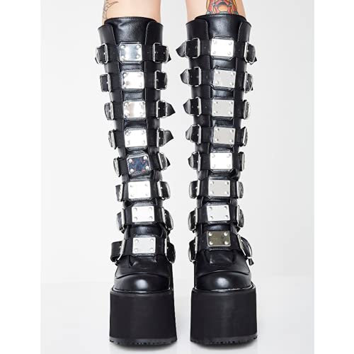 DETOGNI Women's punk goth platform boots Buckle Straps Back Zipper gothic boots Ladies Rivets Metal Decoration Long Boots knee high Tall Boots Combat Boots2