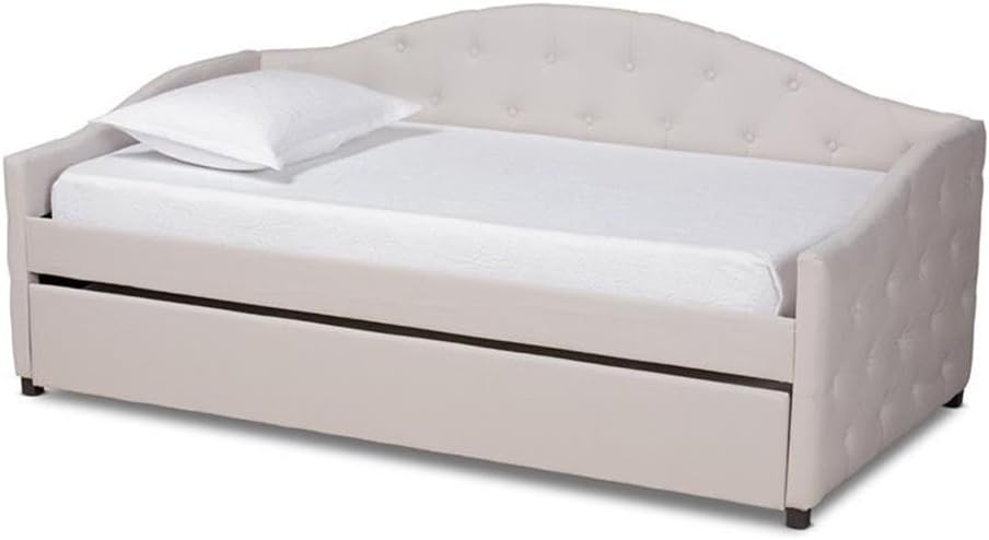 BOWERY HILL Transitional Twin Daybed with Trundle, Rubberwood and Engineered Wood, Polyester Upholstered, Brown and Beige Finish, Button Tufted Design, 83.1" Wide for Modern Bedroom Use