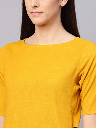 Image of idaLia Mustard Straight Cotton Solid Kurta Set for Women Stylish Boat Neck Design Kurta Set with Pant