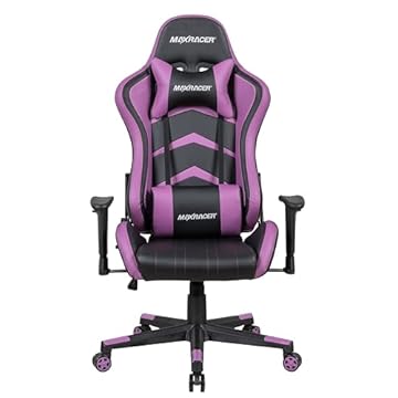 MAX RACER - Cadeira Gamer Aggressive - Poltronas Gamer de Aço, Cadeira Ergonômica para Jogos - Até 150kg, Giratória, Braços 1D, Tecido Sintético PVC, Inclinação 180°, Almofada Cervical e Lombar - Roxa