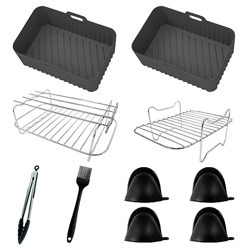 10Pcs Dual Basket Air Fryer Accessories Fit for Ninja Foodi DZ201/DZ401 & Other 8 Quart Dual Zone Air Fryers Including Silicone Air Fryer Liners, Air Fryer Racks, Oil Brush,Tongs & Silicone Gloves