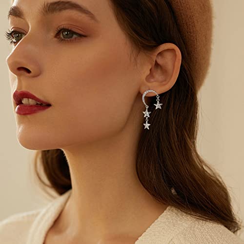 Moon Star Earrings For Women - 16K Gold Plated 925 Sterling Silver Needle Long Chain Hanging Tassel Earring Dainty Cute Hypoallergenic Zirconia Jewelry #TOP4