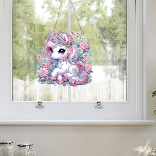 Image of AiYuanzsh Pink Unicorn Special Shape Diamond Painting Hanging Kit for Adults, 5D Crystal Rhinestone Diamond Art Ornament Fantasy Floral Design for Window Wall Home Decor