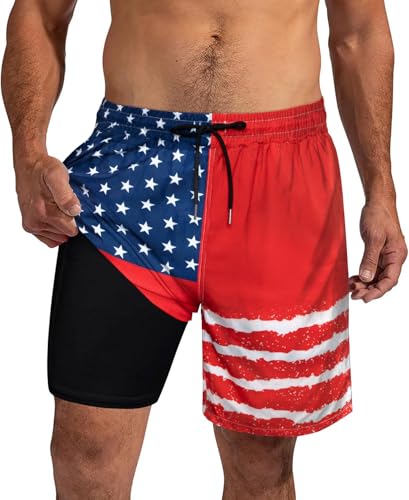 XiaoMoSha Men's Swim Trunks with Compression Liner 7" Quick Dry Board Shorts 4th of July Swimming Trunks for Mens American Flag Bathing Suits with Inner Pocket Running Swim Pants StripedRed S