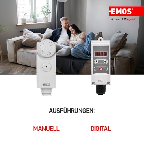 EMOS - mechanischer Thermostat mit Tauchhülse - manuell, kabelgebunden - Heiz- und Kühlsysteme - Temperaturregelung 0-90 °C - invasive Messung - 230 V, 16 A/4 A - weiß