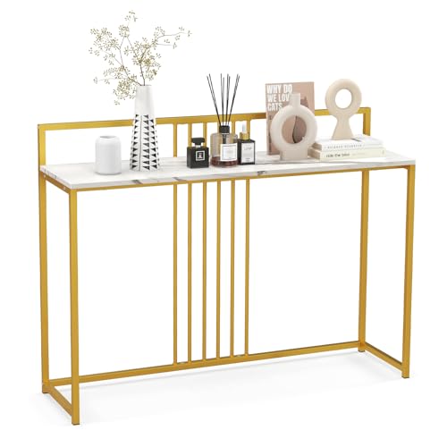 COSTWAY Konsolentisch, Beistelltisch Gold, Flurtisch Marmor Optik, Eingangtisch schmal, goldfarbenes Metallgestell, 120 x 32,5 x 88cm (Weiß)