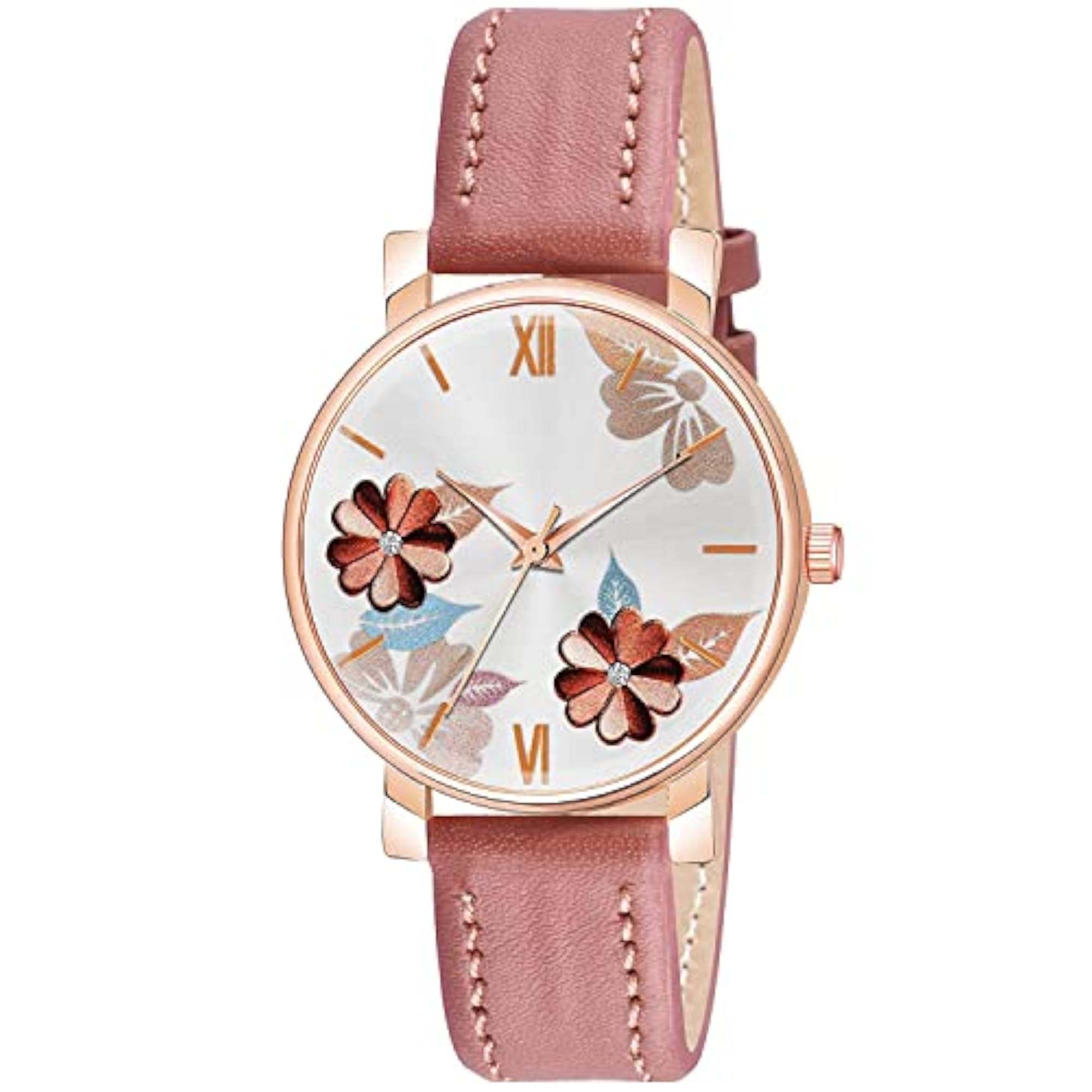 Women's Pink Leather Strap Analog Watch, Casual Style