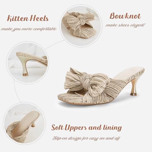 Image of Coutgo Womens Bow Heeled Sandals Pleated Bowknot Heels Open Square Toe Cute Kitten Heel Mules Slip On Wedding Dress Shoes
