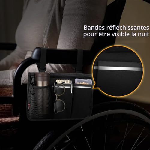 FINPAC Sac de Rangement pour Fauteuils Roulants, Sac Fauteuil Roulant, Accoudoir à Suspendre Support de Stockage Sac avec bandes réfléchissantes pour marcheurs, scooters de mobilité, déambulateurs – vue 5