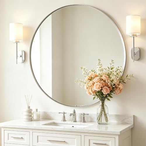 Image of ANDY STAR Round Chrome Mirror, 32 inch Round Chrome Mirror, Circle Bathroom Mirror for Bathroom in Stainless Steel Metal Frame