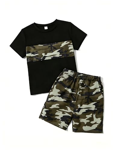 WMHNEI Boys 2 Piece Summer Outfit Color-blocking & Camouflage Graphic Short Sleeve Tee & Shorts Set Size 6 7