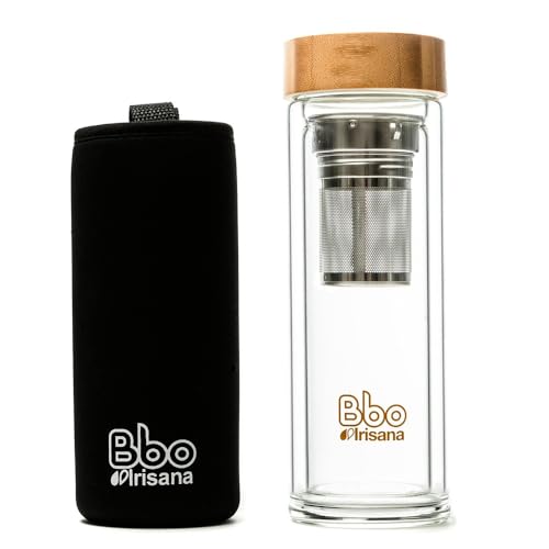 Irisana - Botella de Agua - 400 ml - Transparente - 8,5 x 8,5 x 22,5 cm - Taza Térmica Infusora - Tapa y Filtro para Infusiones y Mate - Colección Bbo