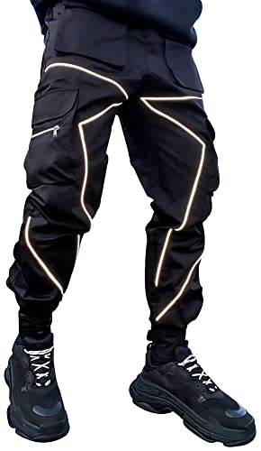 AIEOE Pantalones cargo para hombre Hip Hop Techwear con rayas reflectantes Streetwear Pantalones Punk Jogger Jogginghose con bolsillos y cintura elástica, Negro , L