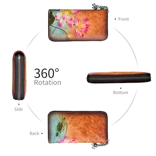 Image of Wallet Genuine Leather for Women - with RFID Blocking Card checkbook ID Slot Large Capacity Vintage style (lotus brown)