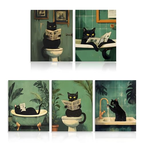 VOSSOT 5pcs Chat Noir Tableau Decoration Murale 25 * 20cm Poster Mural Humour Affiche Murale étanche Affiche Toilette Decoration Salle de Bain Toile Decoration Bathroom...