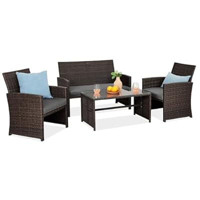Best Choice Products 4-Piece Outdoor Wicker Patio Conversation Furniture Set for Backyard w/Coffee Table, Seat Cushions - Brown/Stone Gray