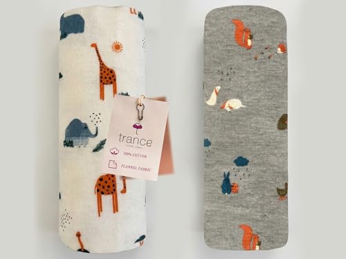 Image of Trance Home Linen Super Soft 100% Cotton Flannel Swaddle Cloth I Swaddle Wrap | Swaddle for New Born Baby |Baby Shower Set (90x90 cm, Jungle White Grey, Pack of 2)