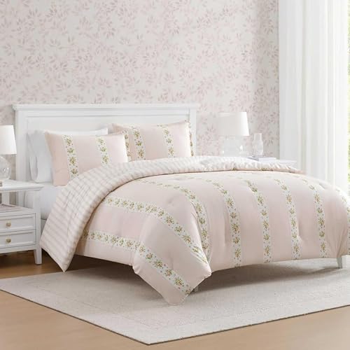 Image of Martha Stewart - King Comforter Set, 100% Cotton Reversible Bedding with Matching Pillowcases, Lightweight Bed Set, Floral Stripe Cottage Decor (Annabelle Pink)
