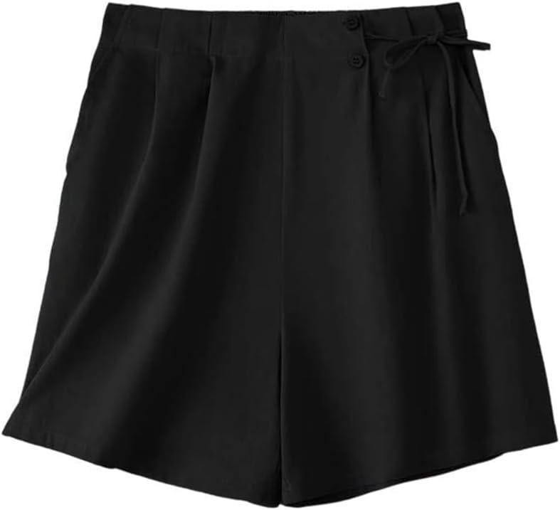 Women Vintage Cotton Shorts Elastic Waist Lace-Up Loose Holiday Shorts