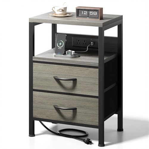 Lazzanto NightStand with Charger, USB-C, Outlets, Grey