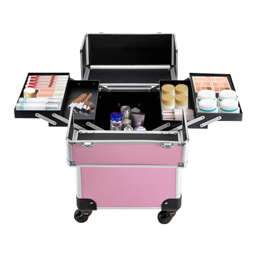 AHULIN 4 in 1 Professional Makeup Train Case,Rolling Cosmetic Trolley Makeup Case Organizer Makeup Travel Case, with 4 Detachable Removable Wheels for Professional Make-up Artists, Hairdressers(Pink) - Thumbnail 6