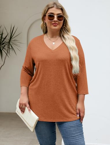 Halife Womens Plus Size Tops 3/4 Sleeve V Neck T Shirts Casual Loose Basic Tunic Tees XL-5X2
