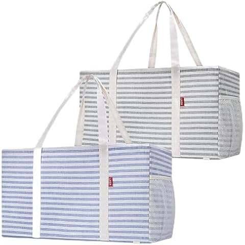 LHZK 2-Pack Standing Extra Large Utility Tote Bag with Metal Wire Frame and the Sides Rinforced, Large Collapsible Canvas Utility Tote (Blue/Gray) Cover