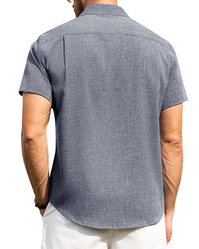 Image of Alimens & Gentle Mens Linen Shirts Short Sleeve Button Down Shirts Wrinkle Free Casual Vacation Beach Summer Tops