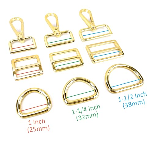 VersaKits 15 Pcs 1-1/2 Inch Purse Hardware Gold Heavy Duty Swivel Snap Hooks D Rings for Purse and Tri-glide Slide Buckles for Bag Straps Dog Collars Leash Lanyard