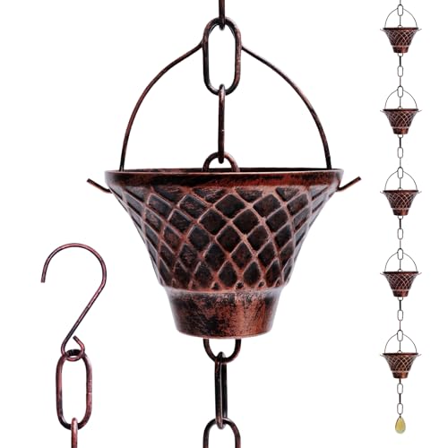 Johaus 8.5 ft Rain Chain for Gutters, Decorative Metal Rain Catcher with 12 Vintage Cups, Gutter Chain Downspout for Patio, Garden, Porch & Eaves