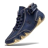 FLYLAND Men's Casual Leather Fashion Sneakers Ankle Chukka Boots Slip On Lightweight Loafers Walking Driving Shoes (Blue, 12.5)